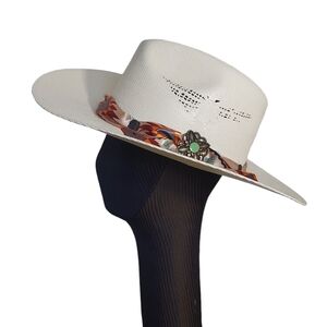 Stone White Straw Western Hat Navajo Orange Turquoise Band with Turquoise brooch